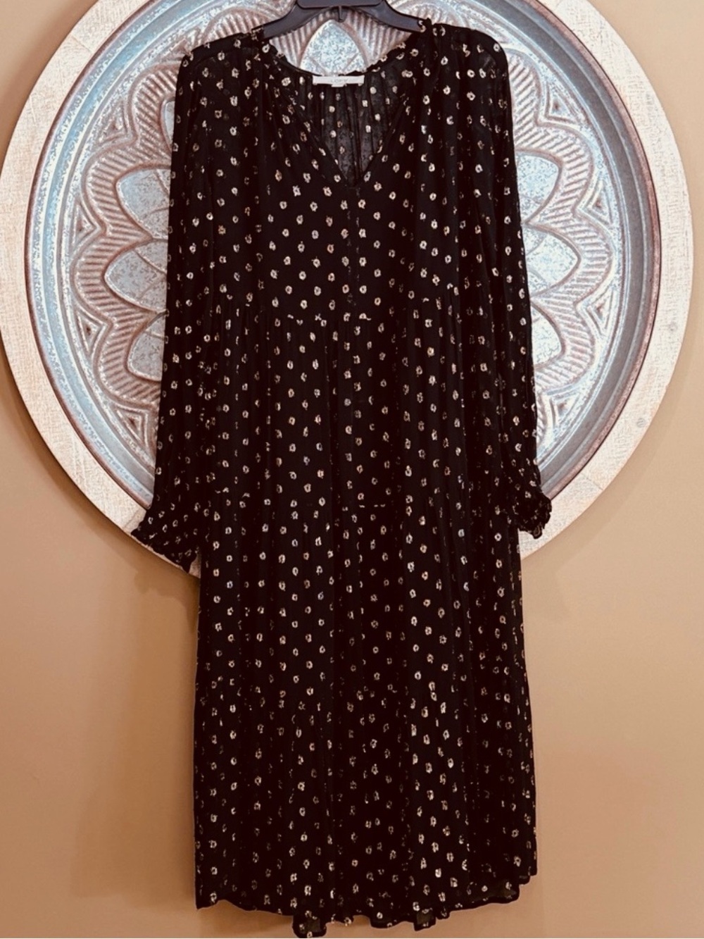 LOFT Black Sheer Long Sleeve Midi Tiered Babydoll Dress w/ metallic Gold tinsel - Picture 5 of 9
